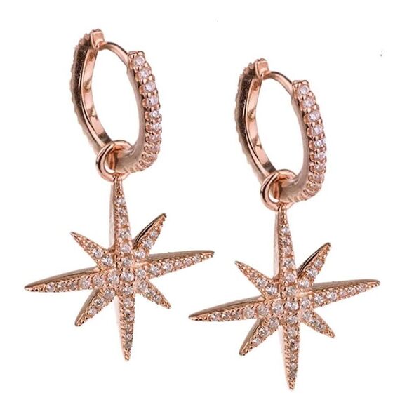 💎167💎 Celestial 24k Rose Gold Plated and Crystal Hoop Dangle Earrings - Picture 1 of 7